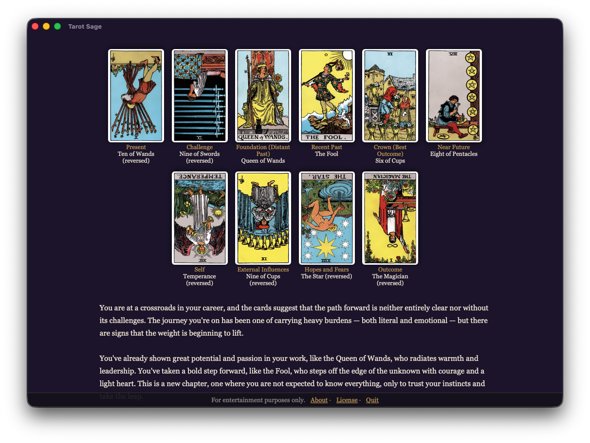 The ten-card Celtic Cross spread with a full written reading.