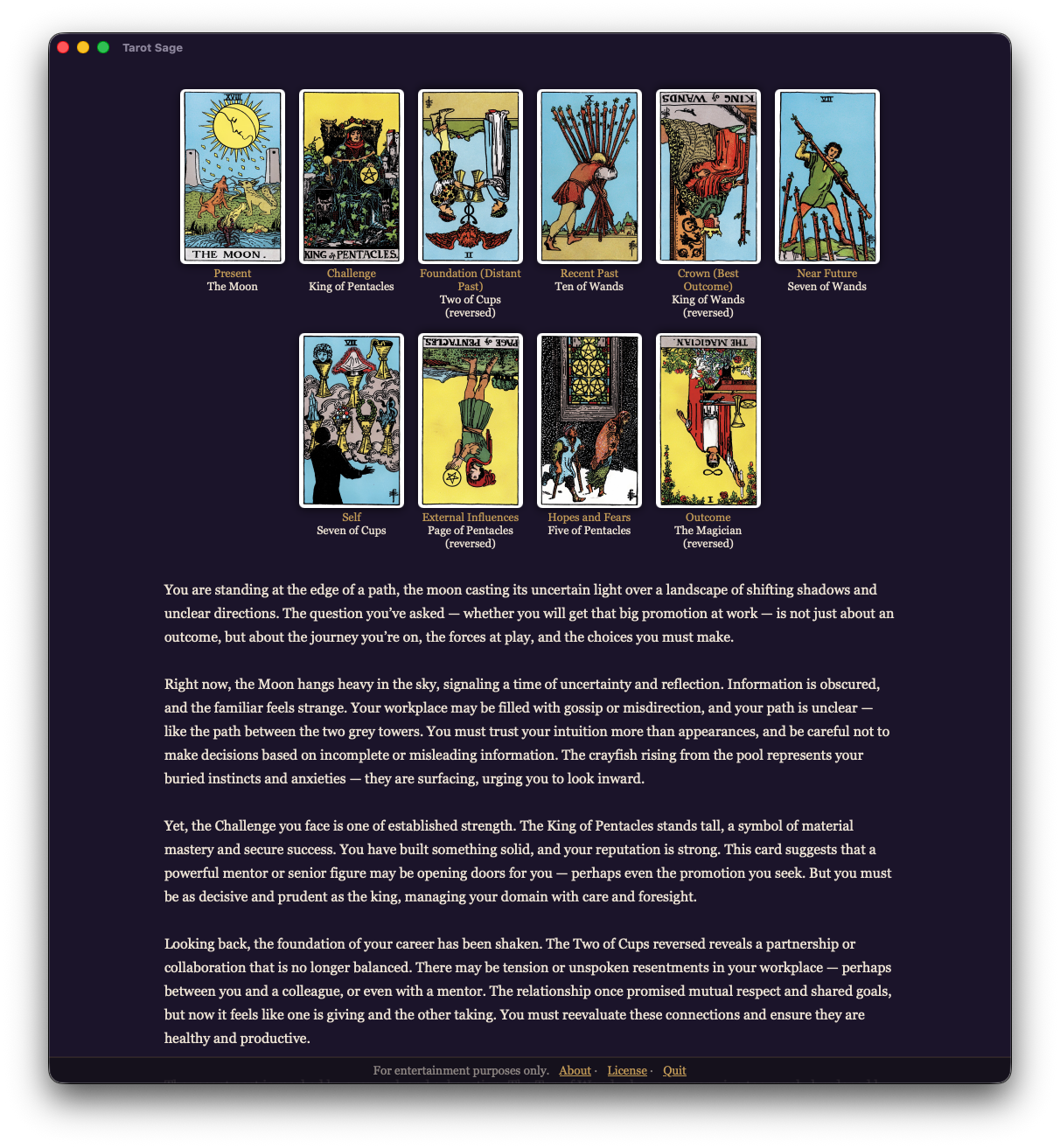 A complete Tarot Sage reading shown in full, part 1 of 2.
