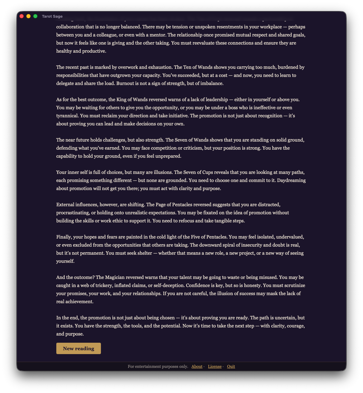 A complete Tarot Sage reading shown in full, part 2 of 2.