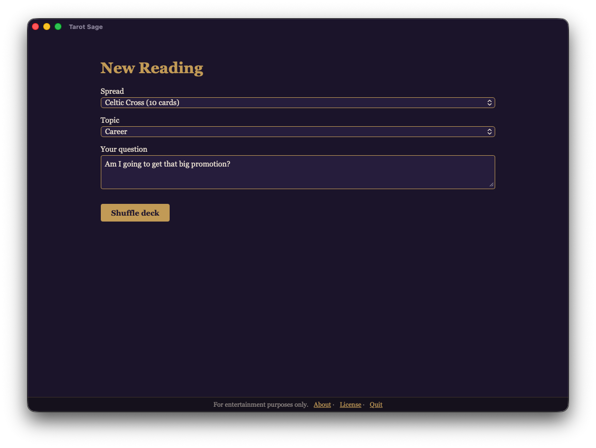 Tarot Sage's New Reading screen: pick a spread and topic, then type your question.