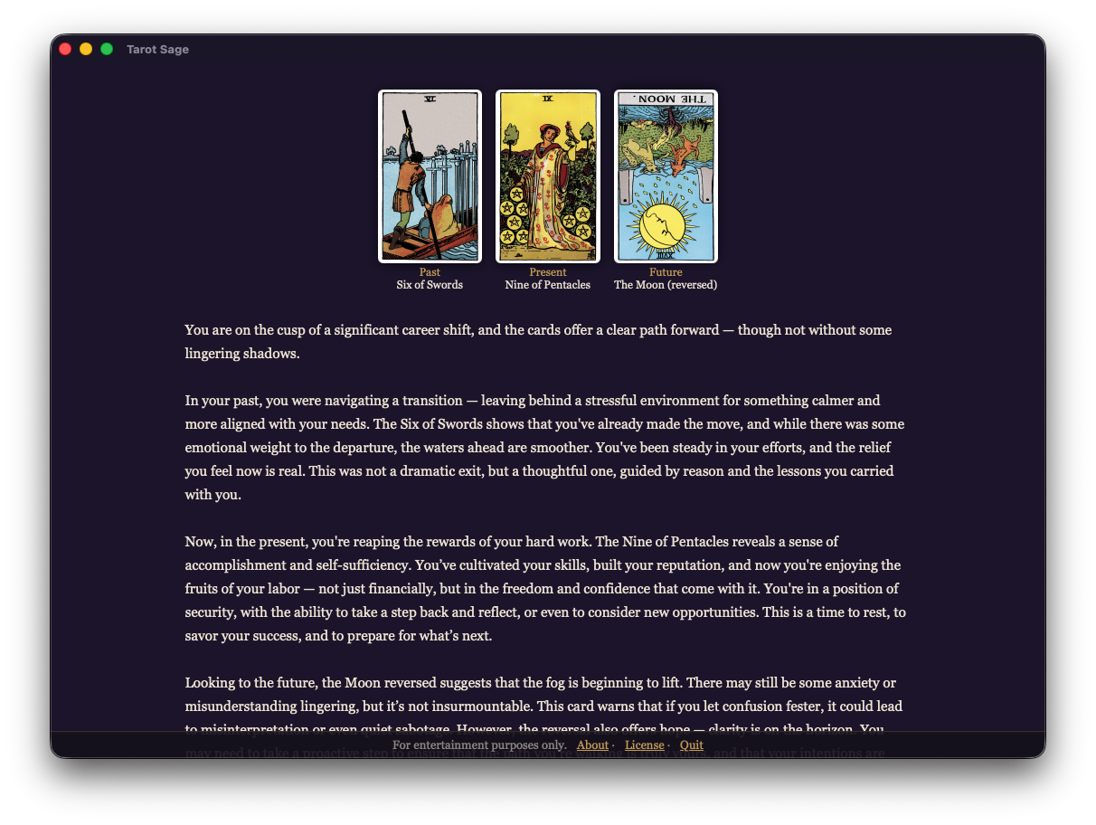 A three-card spread with the AI's written interpretation beneath the cards.